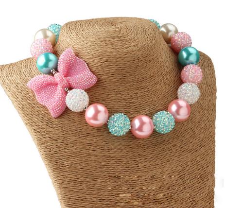 Bow Jewelry Chunky Beads Necklace Little Girl Baby Kids Princess Bubblegum Necklace