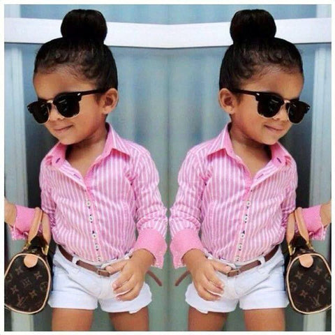 Adores Stylish Girl - 2 pc, Pink Stripes top and White Hot Pants